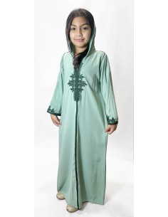 Djellaba fille élégante à capuche vert – Broderies traditionnelles  - 1