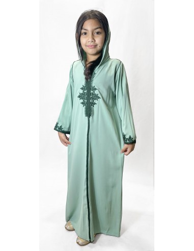 Djellaba fille élégante à capuche vert – Broderies traditionnelles  - 1