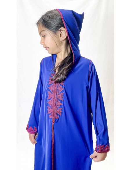 Djellaba fille élégante à capuche bleu – Broderies traditionnelles  - 2