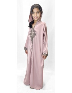 Djellaba fille élégante à capuche rose – Broderies traditionnelles  - 1
