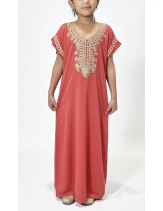 🌙 Gandoura enfant fille brodée – Spéciale Ramadan & Fête de l’Aïd Corail  - 1