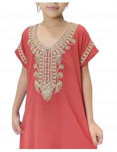 🌙 Gandoura enfant fille brodée – Spéciale Ramadan & Fête de l’Aïd Corail  - 1 2