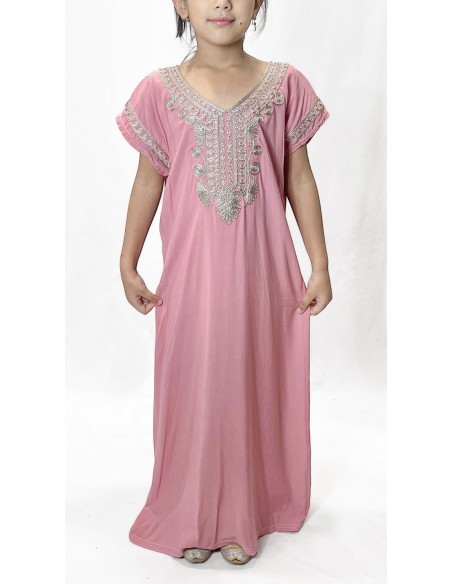🌙 Gandoura enfant fille brodée – Spéciale Ramadan & Fête de l’Aïd Rose poudre  - 1