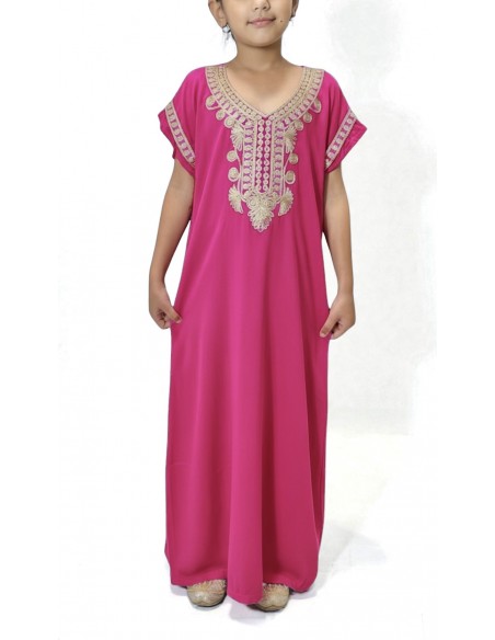 🌙 Gandoura enfant fille brodée – Spéciale Ramadan & Fête de l’Aïd Rose  - 1