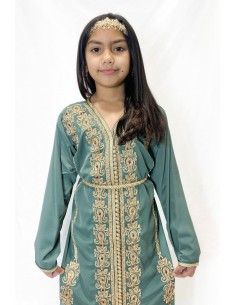 Caftan enfant fille brodé vert d'eau– Robe orientale élégante  - 2 2