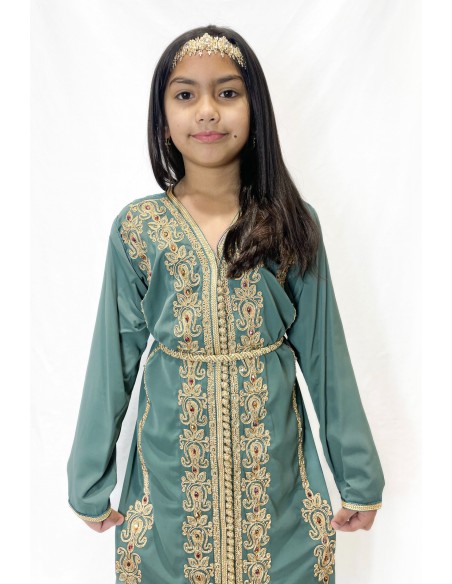 Caftan enfant fille brodé vert d'eau– Robe orientale élégante  - 1