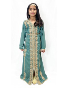Caftan enfant fille brodé vert d'eau– Robe orientale élégante  - 2