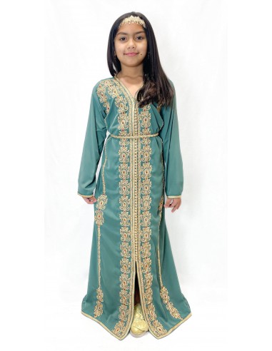 Caftan enfant fille brodé vert d'eau– Robe orientale élégante  - 2