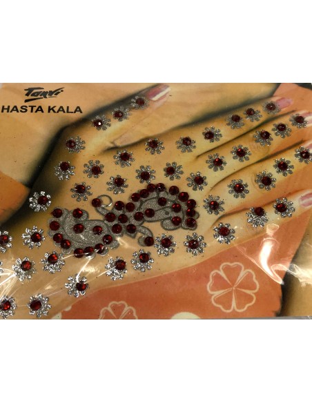 Autocollant main bindi rouge et argente  - 1