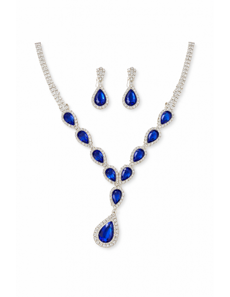 Parure Bijoux Argentée Strass – Collier & Boucles d’Oreilles Élégance Royale Bleu  - 1