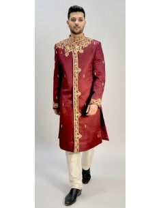 Sherwani Homme Mariage Luxe Bordeaux/Brodé Or – Tenue Indienne Traditionnelle & Costume Oriental Cérémonie  - 1