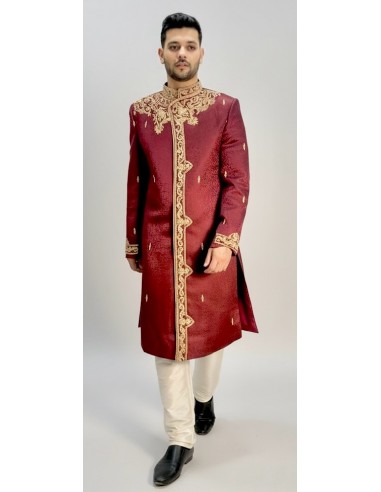 Sherwani Homme Mariage Luxe Bordeaux/Brodé Or – Tenue Indienne Traditionnelle & Costume Oriental Cérémonie  - 1