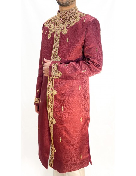 Sherwani Homme Mariage Luxe Bordeaux/Brodé Or – Tenue Indienne Traditionnelle & Costume Oriental Cérémonie  - 2