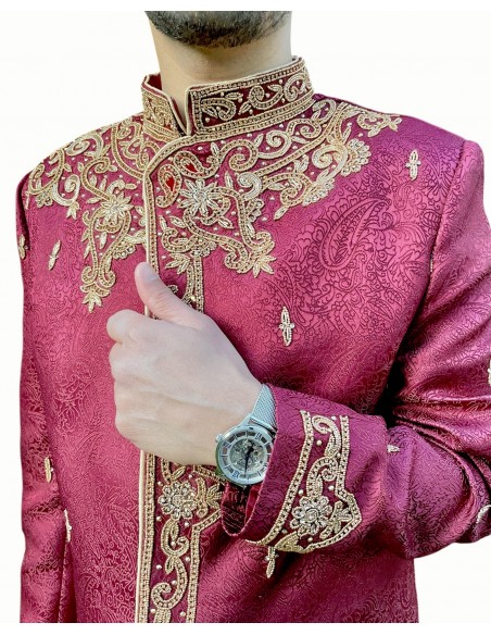 Sherwani Homme Mariage Luxe Bordeaux/Brodé Or – Tenue Indienne Traditionnelle & Costume Oriental Cérémonie  - 3
