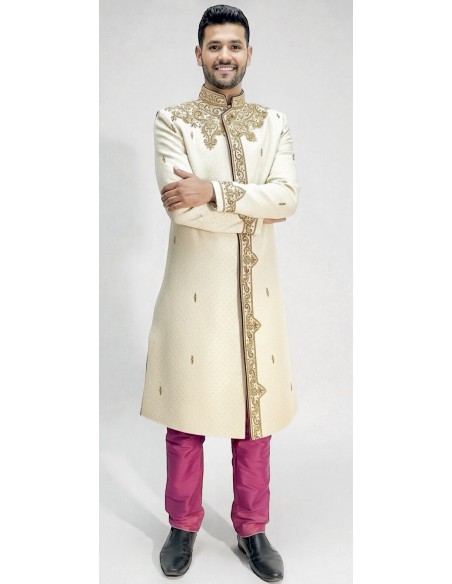 Sherwani Homme Mariage Luxe Ivoire/Brodé Or – Tenue Indienne Traditionnelle & Costume Oriental Cérémonie  - 1