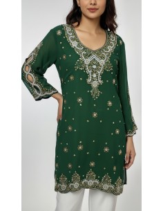 Kurti indienne perlée Vert – Tunique orientale femme perles & strass – Grande taille  - 1