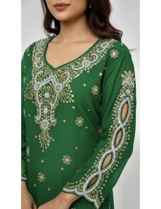Kurti indienne perlée Vert – Tunique orientale femme perles & strass – Grande taille  - 1 2