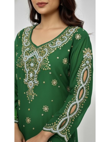Kurti indienne perlée Vert – Tunique orientale femme perles & strass – Grande taille  - 2