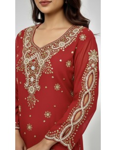 Kurti indienne perlée Rouge – Tunique orientale femme perles & strass – Grande taille  - 1 2