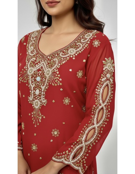 Kurti indienne perlée Rouge – Tunique orientale femme perles & strass – Grande taille  - 2