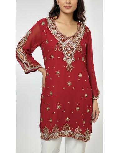 Kurti indienne perlée Rouge – Tunique orientale femme perles & strass – Grande taille  - 1