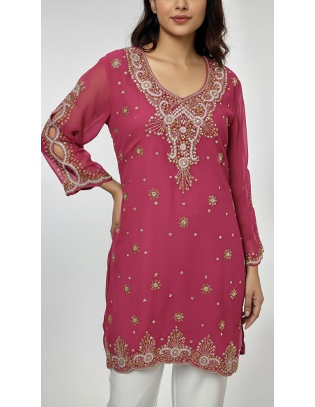 Kurti indienne perlée Rose – Tunique orientale femme perles & strass – Grande taille  - 1