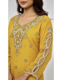 Kurti indienne perlée Jaune – Tunique orientale femme perles & strass – Grande taille  - 1 2