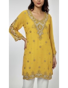 Kurti indienne perlée Jaune – Tunique orientale femme perles & strass – Grande taille  - 1