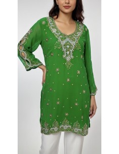 Kurti indienne perlée Vert Claire – Tunique orientale femme perles & strass – Grande taille  - 1