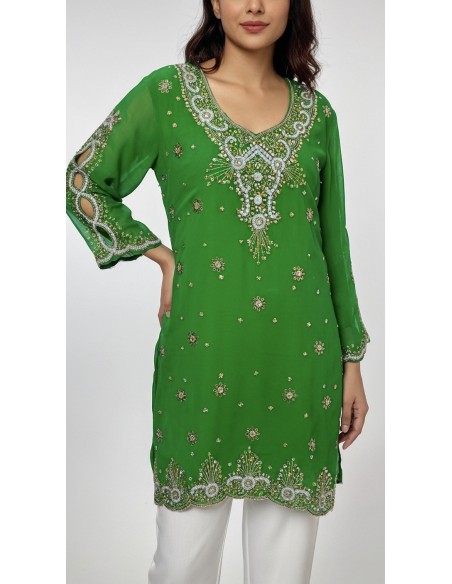 Kurti indienne perlée Vert Claire – Tunique orientale femme perles & strass – Grande taille  - 1