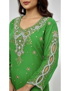 Kurti indienne perlée Vert Claire – Tunique orientale femme perles & strass – Grande taille  - 1 2