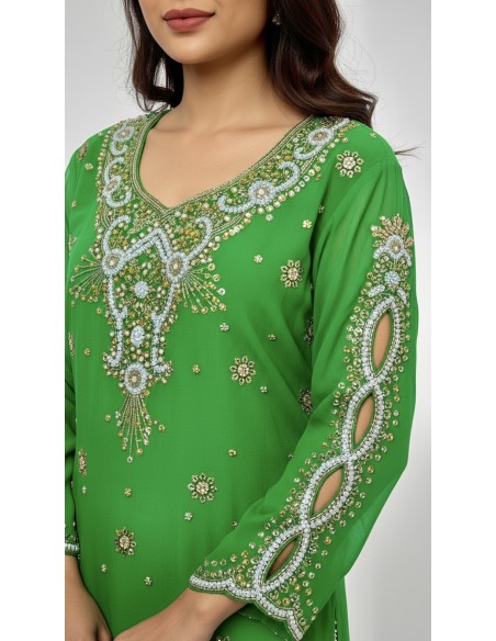 Kurti indienne perlée Vert Claire – Tunique orientale femme perles & strass – Grande taille  - 2