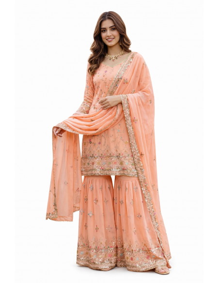 Ensemble Salwar Kameez corail brodé – Élégance orientale & indienne  - 1