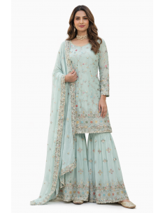 Ensemble Salwar Kameez bleu pastel brodé – Chic oriental & élégance indienne  - 1