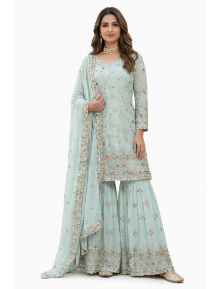 Ensemble Salwar Kameez bleu pastel brodé – Chic oriental & élégance indienne  - 1