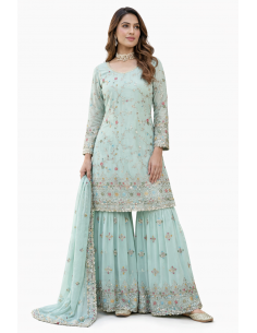 Ensemble Salwar Kameez bleu pastel brodé – Chic oriental & élégance indienne  - 1 2