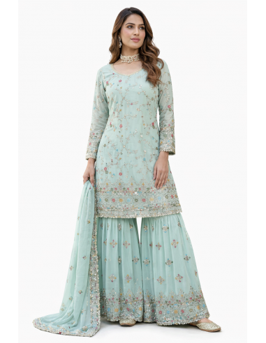 Ensemble Salwar Kameez bleu pastel brodé – Chic oriental & élégance indienne  - 2