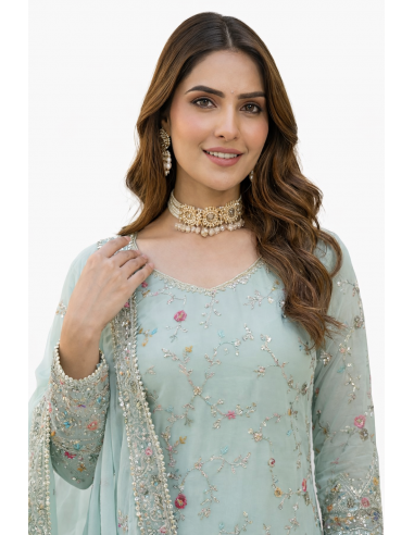 Ensemble Salwar Kameez bleu pastel brodé – Chic oriental & élégance indienne  - 4