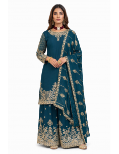 Ensemble Salwar Kameez bleu vert brodé doré – Tenue orientale chic & élégante  - 1