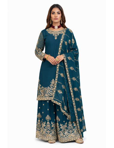 Ensemble Salwar Kameez bleu vert brodé doré – Tenue orientale chic & élégante  - 1