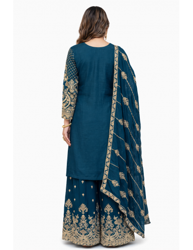 Ensemble Salwar Kameez bleu vert brodé doré – Tenue orientale chic & élégante  - 2