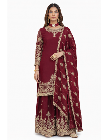 Ensemble Salwar Kameez bordeaux brodé doré – Élégance orientale & tenue de soirée  - 1