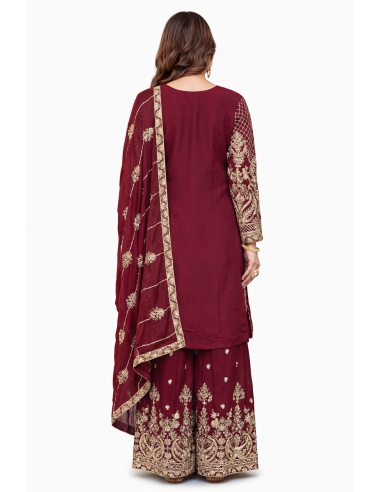Ensemble Salwar Kameez bordeaux brodé doré – Élégance orientale & tenue de soirée  - 3