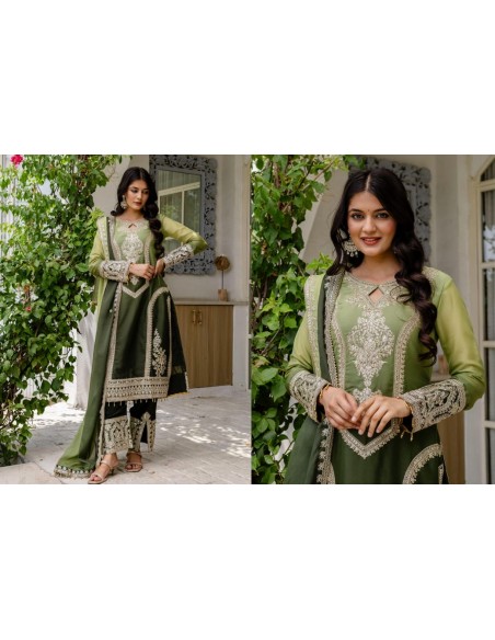 Salwar Kameez 3 pièces brodé - Tenue traditionnelle élégante Anarkali Vert olive et pistache  - 3