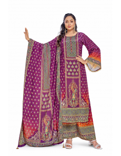 Tenue Pakistanaise Luxe Imprimé Mauve – Ensemble Salwar Kameez 3 pièces  - 1