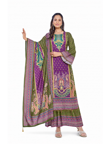 Tenue Pakistanaise Élégante Mauve et Vert – Ensemble Salwar Kameez 3 pièces  - 1
