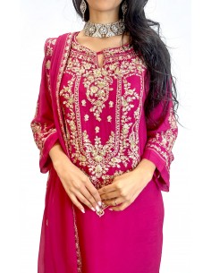 Tenue Pakistanaise Femme Luxe Brodée main– rose fushia  - 1 2