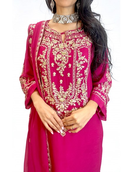 Tenue Pakistanaise Femme Luxe Brodée main– rose fushia  - 2