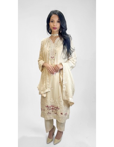 Tenue Pakistanaise Femme Luxe Brodée main– beige/broderies rouge  - 3