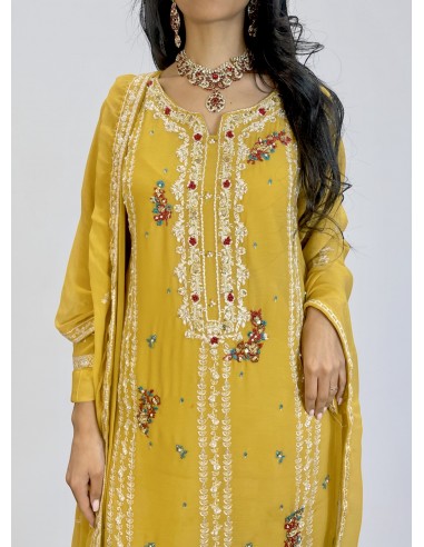 Tenue Pakistanaise Femme Luxe Brodée main– jaune  - 2